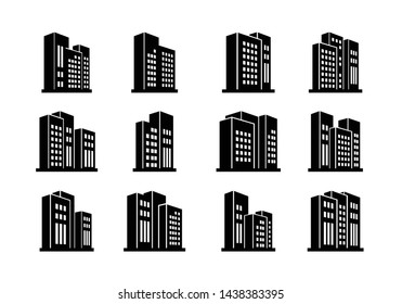Perspective Black icons buildings and vector company set, Isolated office collection on white background, Line edifice and residential illustration