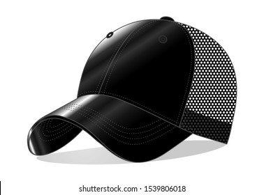 Perspective, Black PVC Plastic Mesh Baseball Cap Vector For Template. 