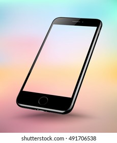 Perspective black smartphone realistic mock-up on soft color background. Vector illustration.