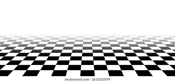 Perspective black and white checkered floor that fades into white background. Surface with checkerboard pattern. Ideal for retro, racing or digital themes. Vector illustration