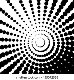 Perspective black and white halftone dots circle pattern.