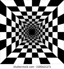 Perspectiva de cuadrados negros y blancos, la ilusión de un túnel. Abstracto de perspectiva, vector de fondo geométrico del ajedrez. Arte Geométrico Perspectivo.