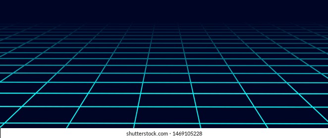 Perspective Blue Grid Background. Abstract Futuristic Grid 1980s Style. Vector Illustration.