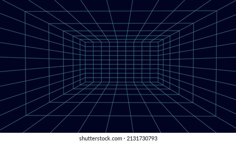 Perspective blue grid on a dark background. Futuristic vector illustration. Virtual reality framework. Background in the style of the 80s.
