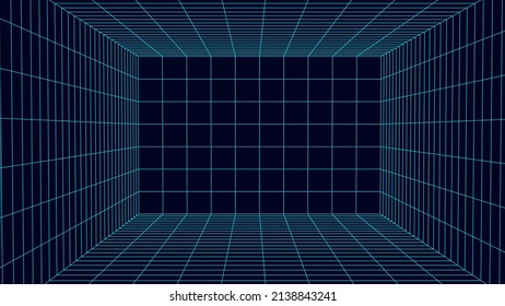 Perspective blue grid on a dark background. Futuristic vector illustration. Virtual reality framework. Background in the style of the 80s.