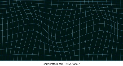 Perspective blue grid on a dark background. Futuristic distorted vector illustration. Background in the style of the 80s.