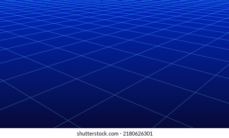Cuadrícula azul de perspectiva sobre un fondo oscuro. Ilustración vectorial futurista. El estilo de los años 80.