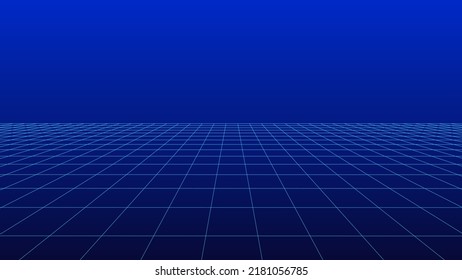 Perspective blue grid on a dark background. Futuristic vector illustration. Background in the style of the 80s.