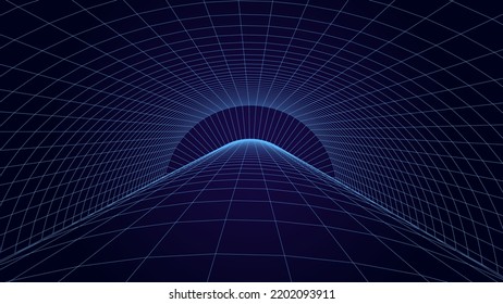 Perspective blue grid on a dark background. Futuristic vector illustration. Virtual reality framework. Background in the style of the 80s.