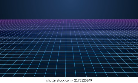 Perspective blue and purple grid on a dark background. Futuristic vector illustration. Background in the style of the 80s.