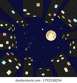 Perspectiva, vista de abajo desde la moderna calle de la ciudad y rascacielos con ventanas iluminadas sobre el fondo del cielo nocturno. Estilo plano. Ilustración vectorial.