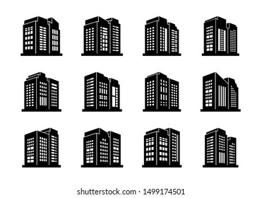 Perspective building and company icon on white background, Vector bank and office collection, Black edifice and residential, Set apartment and condo illustration