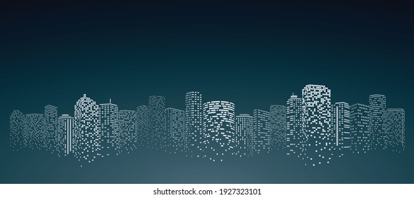 Perspective building. Digital or smart city illustration. City scene on night time.