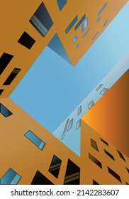 The perspective of the building. A yellow building with windows against the blue sky. Architecture of the building.