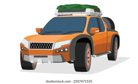 Perspective of car camping by pickup car orange color. with luggage on rack top roof of car. Spare tire on the bed of the truck. on isolated white background.