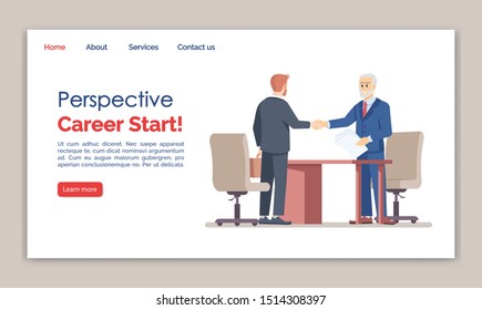 Perspective career start landing page vector template. Hiring staff website interface idea with flat illustrations. Recruitment homepage layout. Partners web banner, webpage cartoon concept