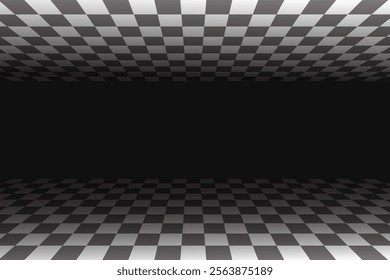 Perspective chess floor. White and black checkered pattern room. 3D tiled floor. Vector abstract surreal space isometric illustration. Endless tunnel, futuristic monochrome wallpaper