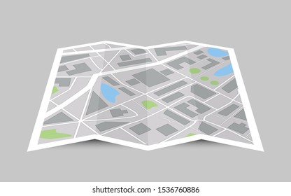 Perspective city map concept with buildings lakes roads in flat style on gray background. Isolated vector illustration
