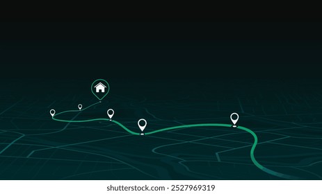 Mapa da cidade em perspectiva com sinais direcionais, Home como um ponto de objetivo pretendido e vários marcadores. Um plano de navegação abstrato destaca POI, incluindo ruas da cidade, quadras. Ilustração vetorial