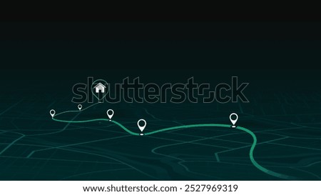 Perspective city map featuring directional signs, Home as an intended goal point and multiple markers. An abstract navigation plan highlights POI including city streets, blocks. Vector illustration