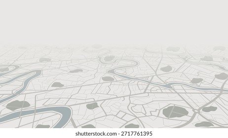 Perspectiva mapa de la ciudad con ríos y parques en tonos suaves.