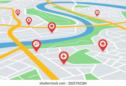 Perspective city map navigation with pin pointers. Urban downtown streets gps navigator with red location markers vector illustration. Roads and residential areas with hospital, school and home marks