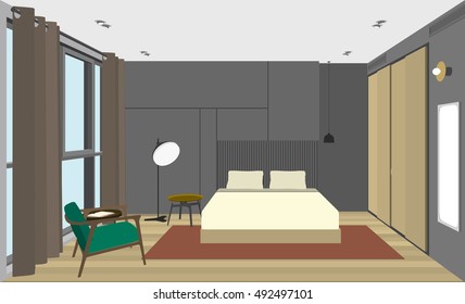 Perspective color view of the bedroom interior. Vector illustration.