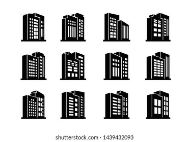 Perspective company icons and black vector buildings set,  Isolated office collection on white background, Line edifice and residential illustration