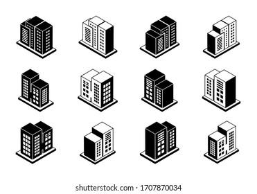 Perspective company icons and black vector buildings set,  Isolated office collection on white background, Line edifice and residential illustration