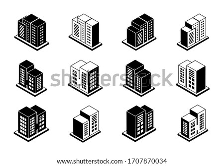 Perspective company icons and black vector buildings set,  Isolated office collection on white background, Line edifice and residential illustration