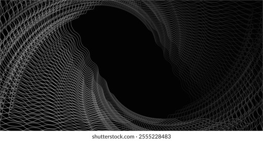 Perspective curved globe. White grid rounded lines on black background. Design for technology, network, illustration, construction, and digital data visualization.