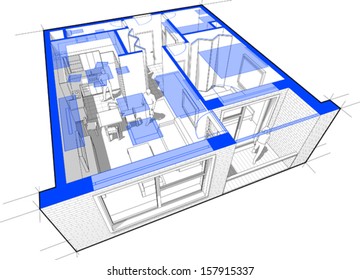 Perspective cut-away diagram of a 1-bedroom apartment, completely furnished + blue floorplan above