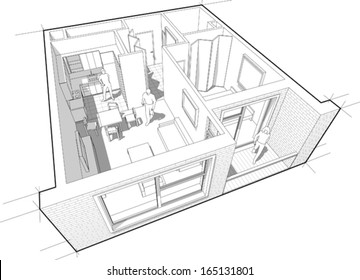 Perspective cut-away diagram of a 1-bedroom apartment, completely furnished