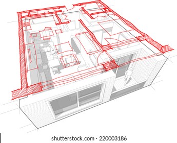 Perspective cut-away diagram of a 1-bedroom apartment, completely furnished with red hand drawn architectural floorplan