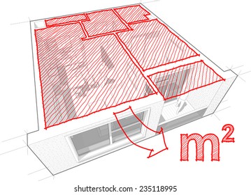 Perspective cut-away diagram of a 1-bedroom apartment, completely furnished with red hand drawn architectural floor area sketch