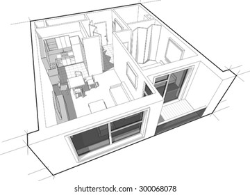 Perspective Cutaway Diagram Of A One Bedroom Apartment, Completely Furnished