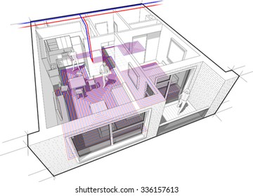 Perspective cutaway diagram of a one bedroom apartment completely furnished with hot water underfloor heating and central heating pipes as source of heating energy