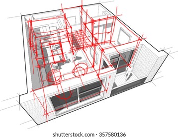 perspective cutaway diagram of a one bedroom apartment completely furnished with red hand drawn architectural sketches over it