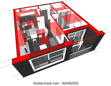 Perspective cutaway diagram of a one bedroom apartment completely furnished with red floor plan overlay above