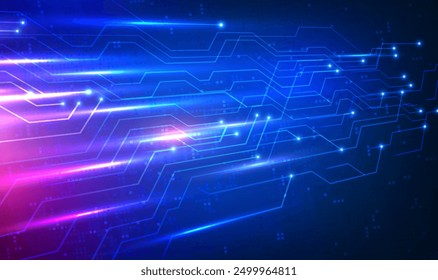 Perspective Cyber Sci Fi circuit technology background. Abstract 3D futuristic circuit lines and dots movement for advertising and game. Glowing binary code. Digital innovation tech. Sci fi Vector.