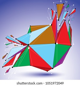 Perspective demolished shape, lines and dots connected, bright polygonal digital wireframe object. Explosion effect, faceted element cracked into multiple fragments. Communication technology.