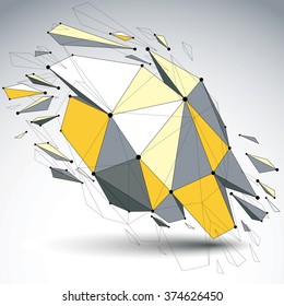 Perspective demolished shape, lines and dots connected, yellow polygonal digital wireframe object. Explosion effect, faceted element cracked into multiple fragments. Communication technology.