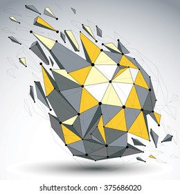 Perspective demolished shape, lines and dots connected, bright polygonal digital wireframe object. Explosion effect, faceted element cracked into multiple fragments. Communication technology.