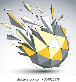 Perspective demolished shape, lines and dots connected, bright polygonal digital wireframe object. Explosion effect, faceted element cracked into multiple fragments. Communication technology.