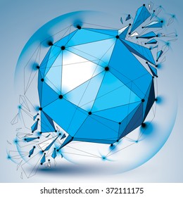 Perspective digital technology shattered shape with black lines and dots connected, polygonal wireframe blue object with lens circles. Explosion effect, abstract facet element cracked into fragments.