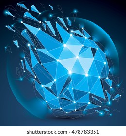 Perspective digital technology shattered shape with black lines and dots connected, polygonal wireframe blue object with lens circles. Explosion effect, abstract facet element cracked into fragments.
