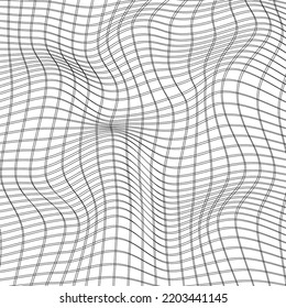 Perspective distorted white grid. Digital background with wireframe wave. Vector curve surface.