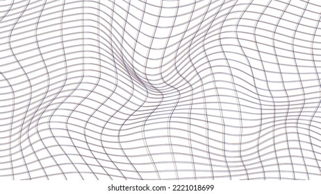 Perspective distorted white grid. Digital background with wireframe wave. Vector curve surface.