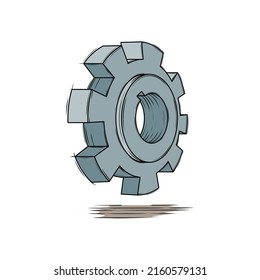 Perspective drawing of cog gear with soft blue color isolated in white background. Mechanical element illustration.