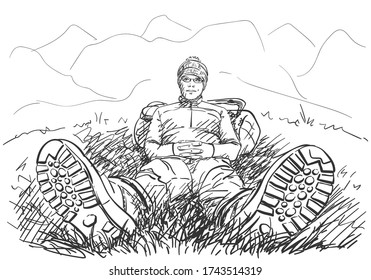 Perspective drawing of hiker man sitting on ground, with legs in trekking boots, stretched forward, and with back rested on backpack, in mountains environment. Hand drawn illustration, vector sketch